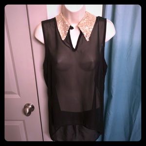 Shear black top with gold sequin collar
